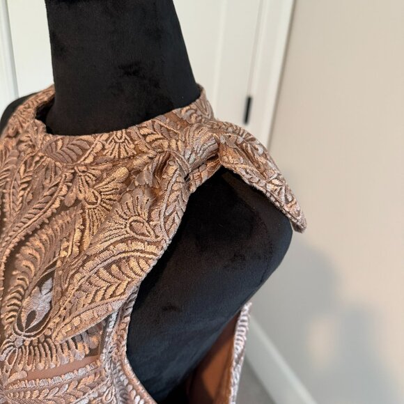 Latte Midi Dress | JS Collections | Illusion Halter | Floral Embroidery | Size M - Picture 6 of 7